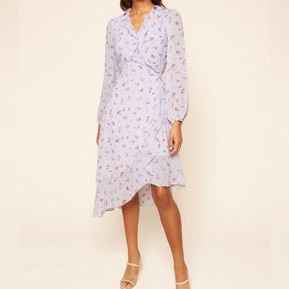 Sugar Lips Love Bird Lavender Floral Print Midi Wrap Dress - Small